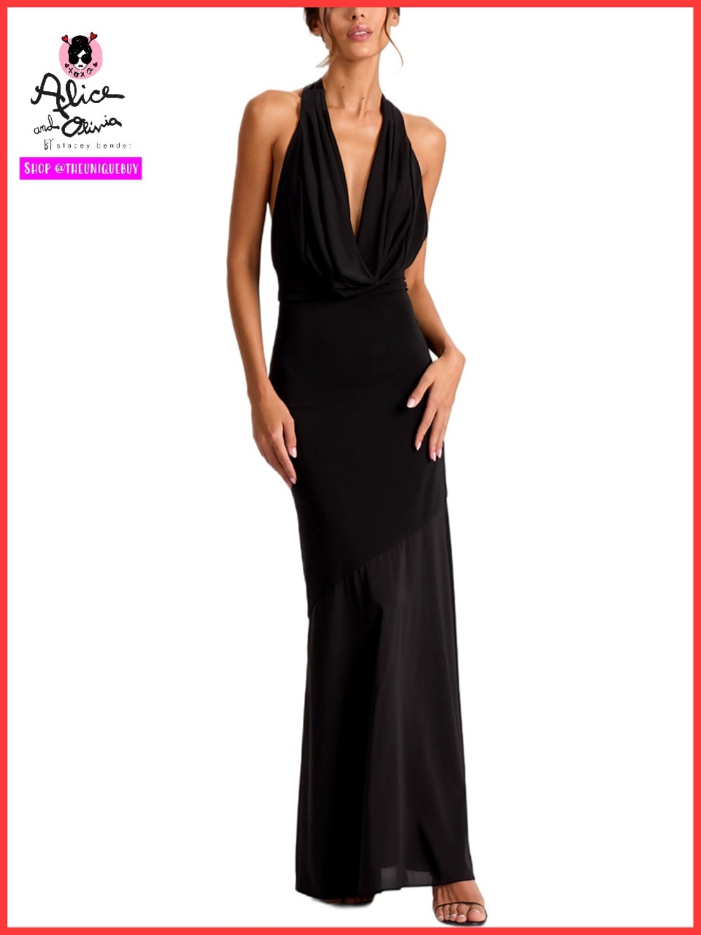 Alice + Olivia Dani Black Jersey Halter Neck Maxi Gown Dress